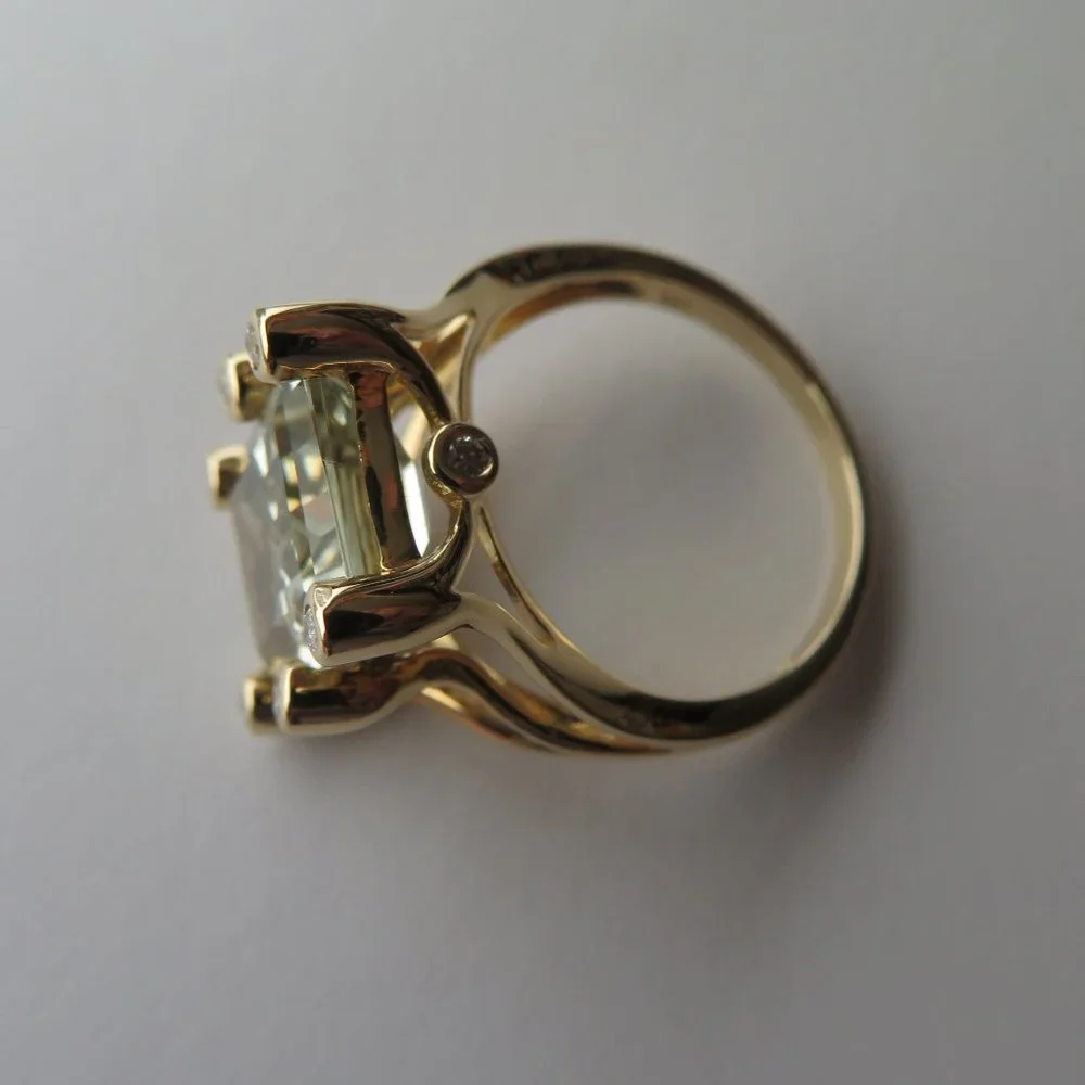 Natural Prasiolite Green Quartz Natural Diamonds 14K Yellow Gold Cocktail Ring
